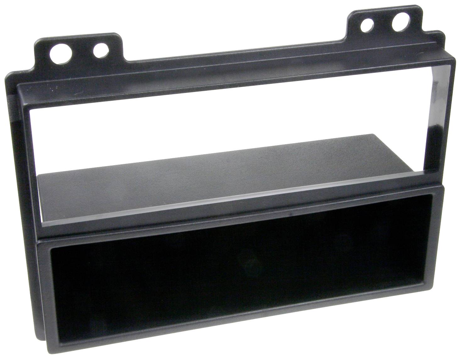 Black, rectangular plastic frame with an upper opening and a lower storage compartment. Used for car radios.