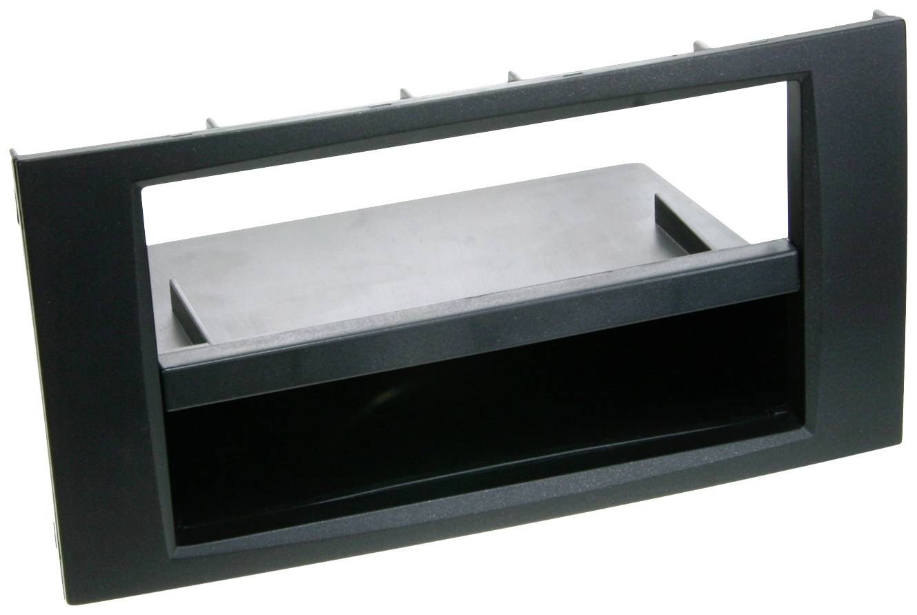A rectangular, black automotive dashboard adapter with two open compartments for device installation or storage.