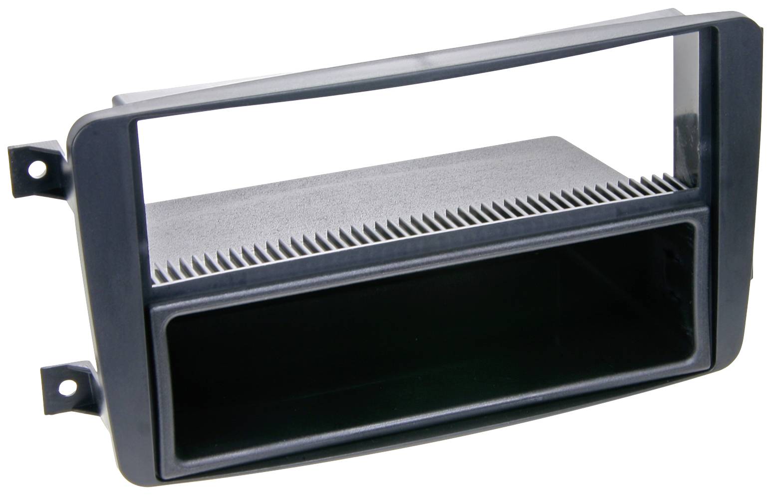 A black double-DIN plastic car radio adaptor frame with two mounting points on the side.