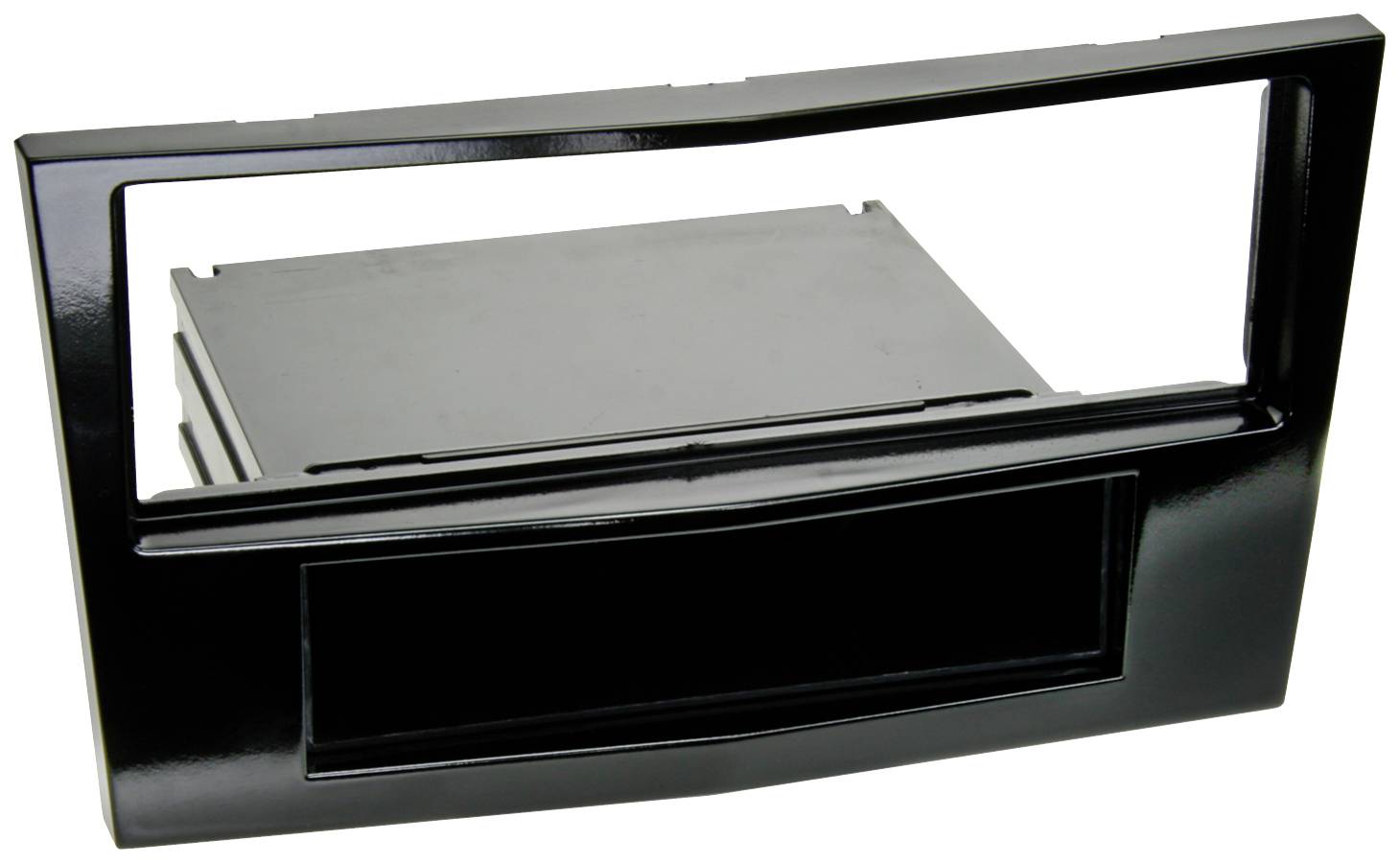 Black radio fascia frame for a vehicle, suitable for installing car radios.