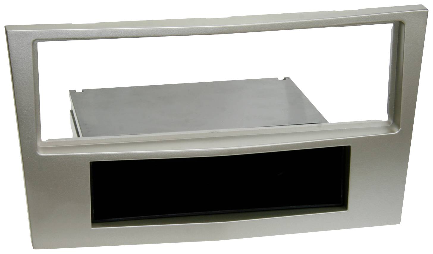 A silver radio fascia with a rectangular shape and a cut-out for a car radio. Additionally includes a storage compartment at the bottom.