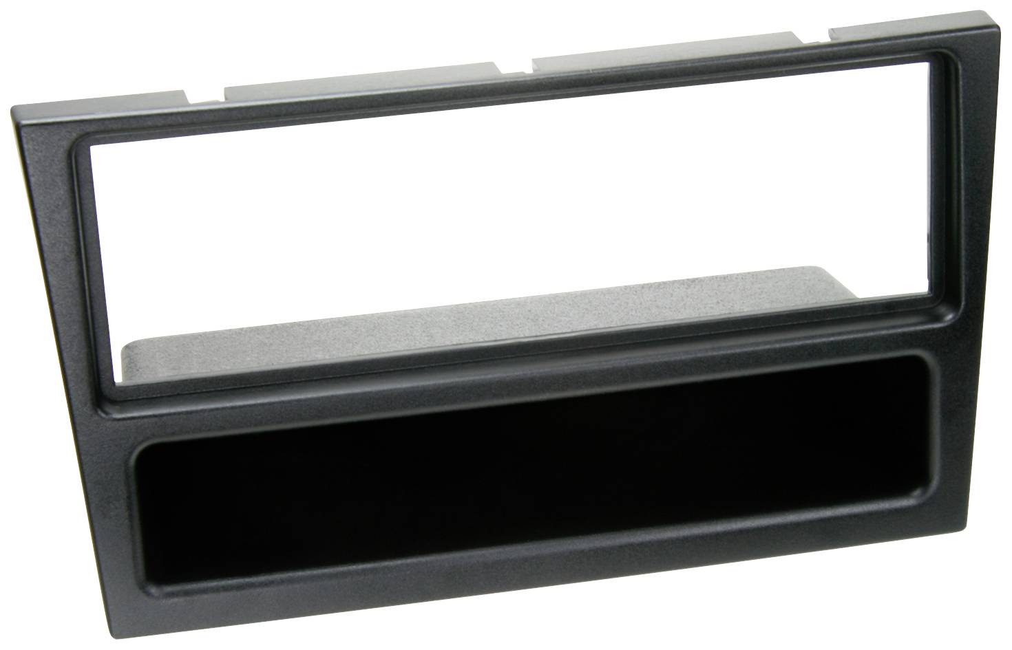 A rectangular, black plastic frame with a large, open section at the top and a smaller storage compartment at the bottom.