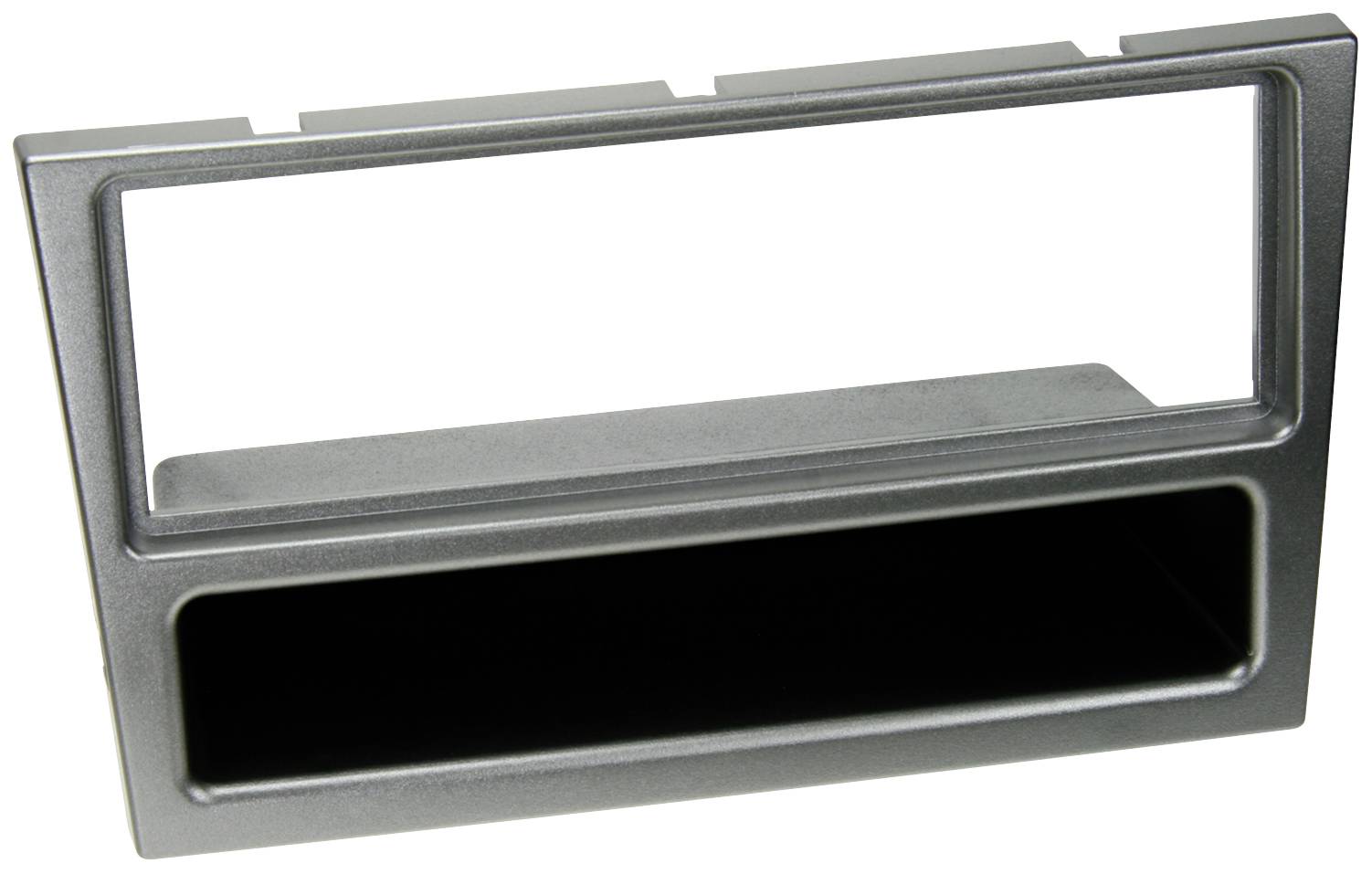 Black, rectangular mounting frame with a lower storage opening, suitable for installing car radios in dashboards.