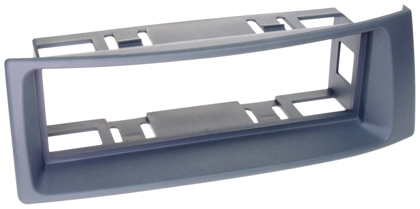 Rectangular car radio mounting frame, made of grey plastic, with multiple recesses for ventilation and installation.