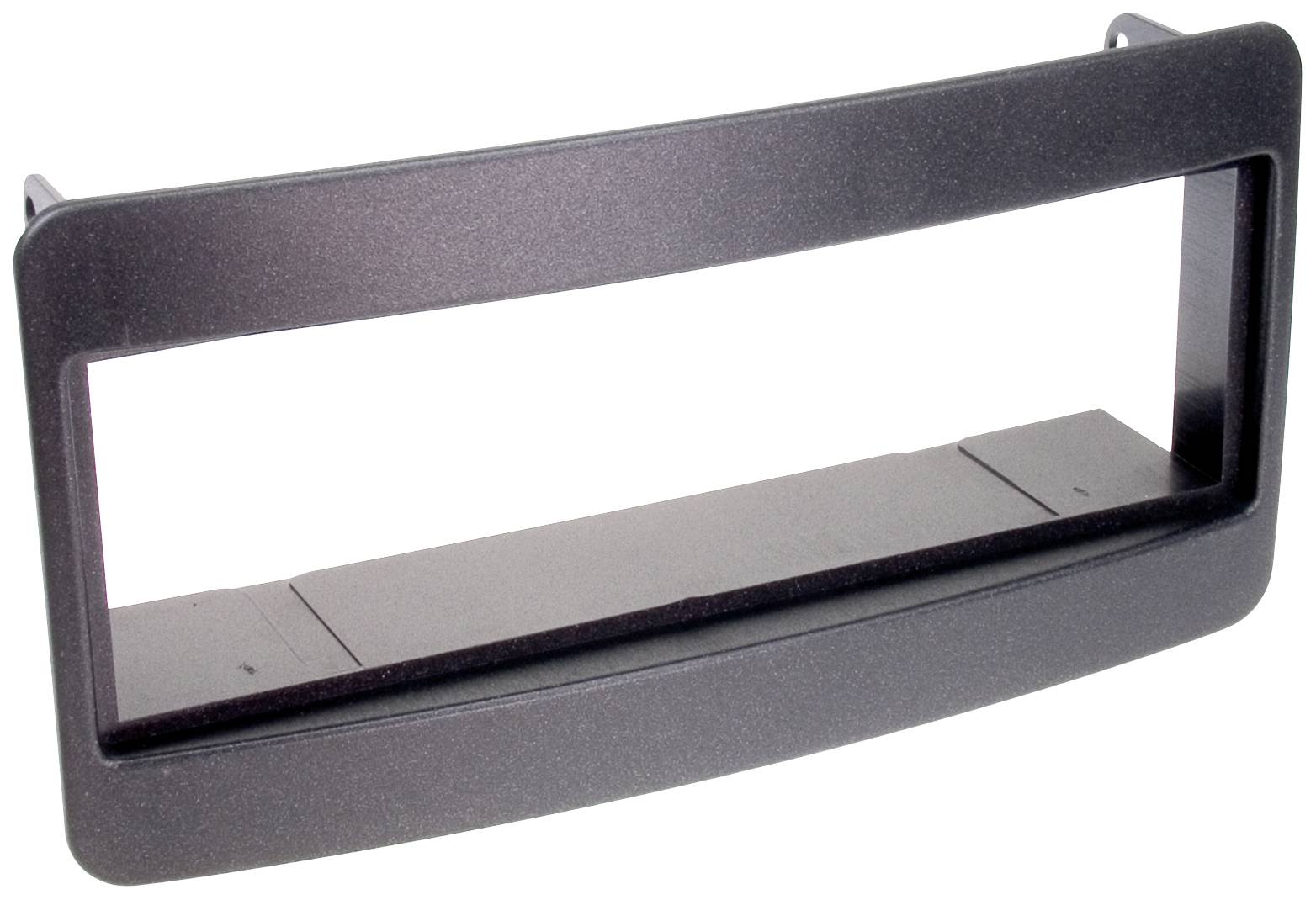 Black plastic adapter for radio fascia, rectangular opening, for integrating car radios into vehicle dashboards.