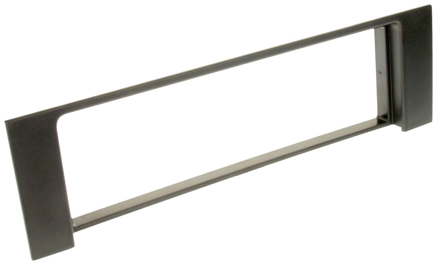 Black powder-coated steel car radio mounting kit, rectangular in shape with a large central cutout.