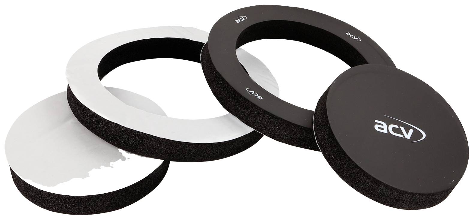 Two round, black foam seals with a silver-coloured layer featuring 'acv' printed on them. Used for sealing and sound insulation in vehicles.