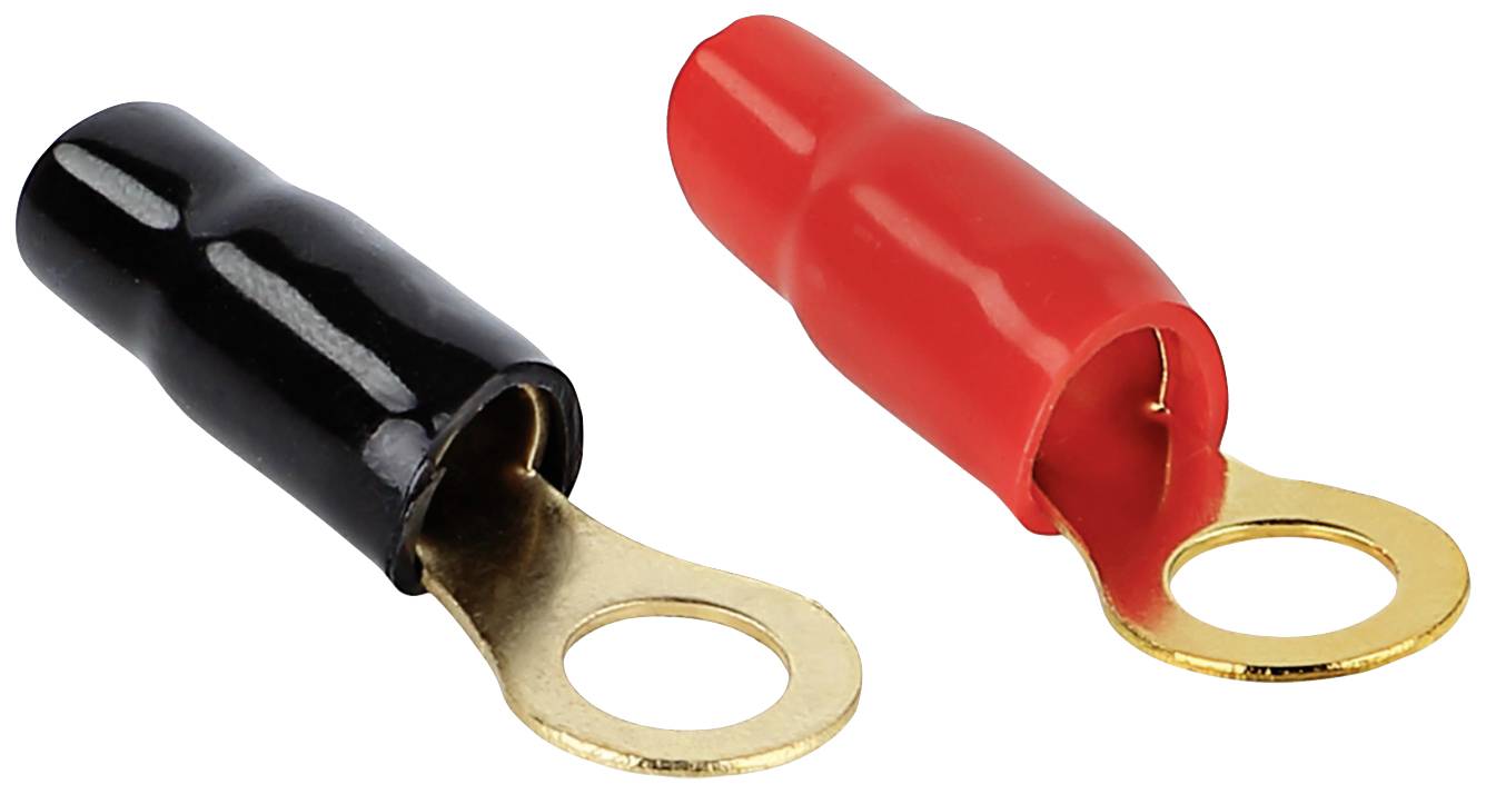 Two ring cable lugs, black and red, with gold-plated terminals. Electrical components for connecting cables.