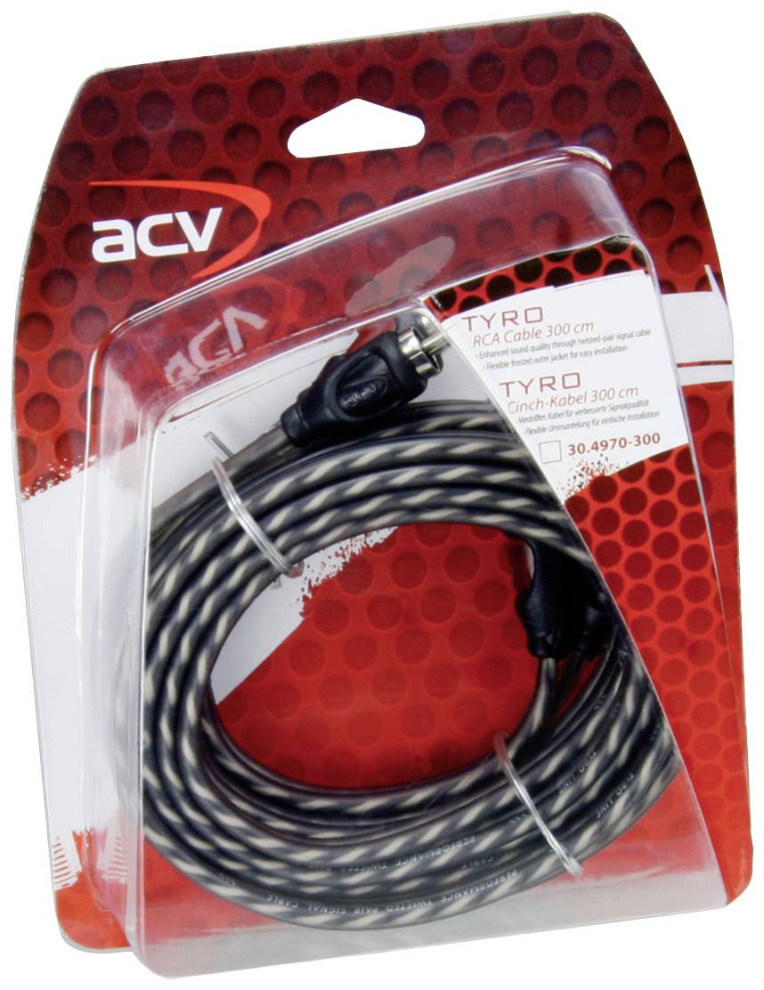 RCA Cable 'TYRO', 300 cm, in plastic packaging with red and white pattern. Suitable for audio devices.