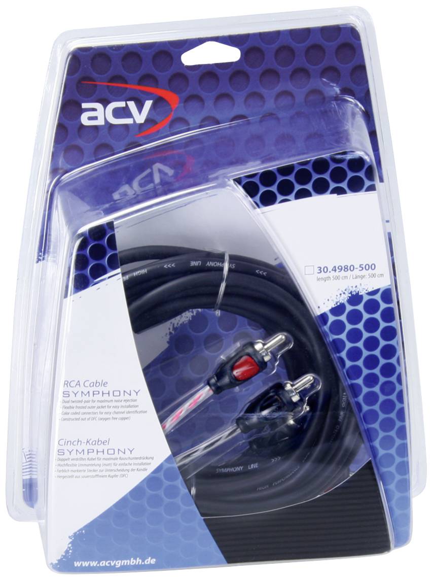 ACV RCA Cable, Model SYMPHONY, 5 Metres in Length. Packaging with a transparent viewing window, displaying the cable with red and black connectors.