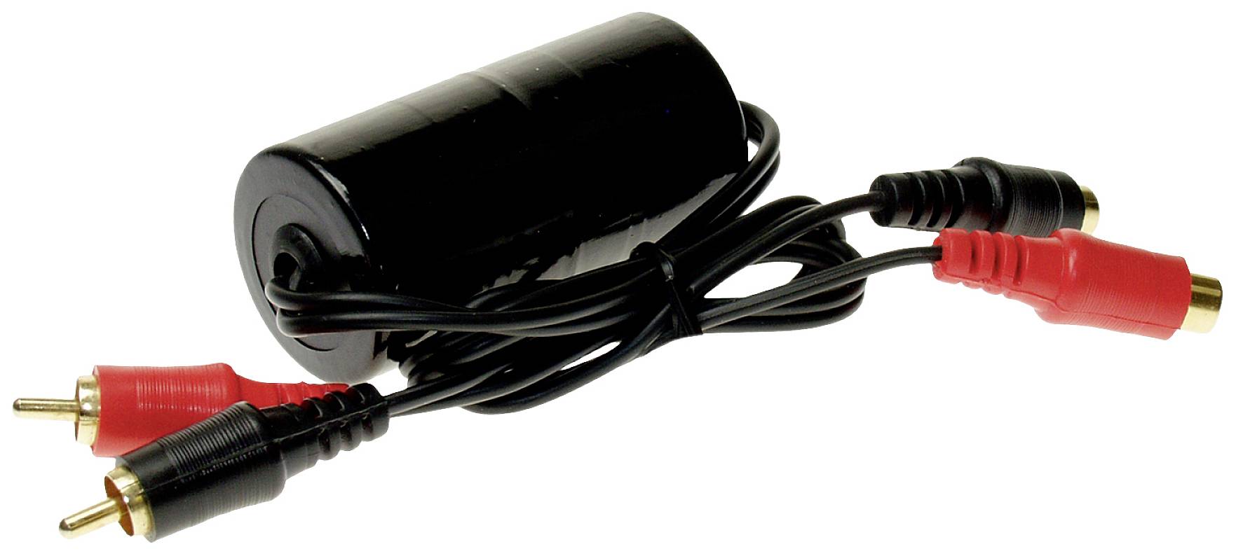 An audio interference filter with two input and two output sockets. The filter has red and black markings.