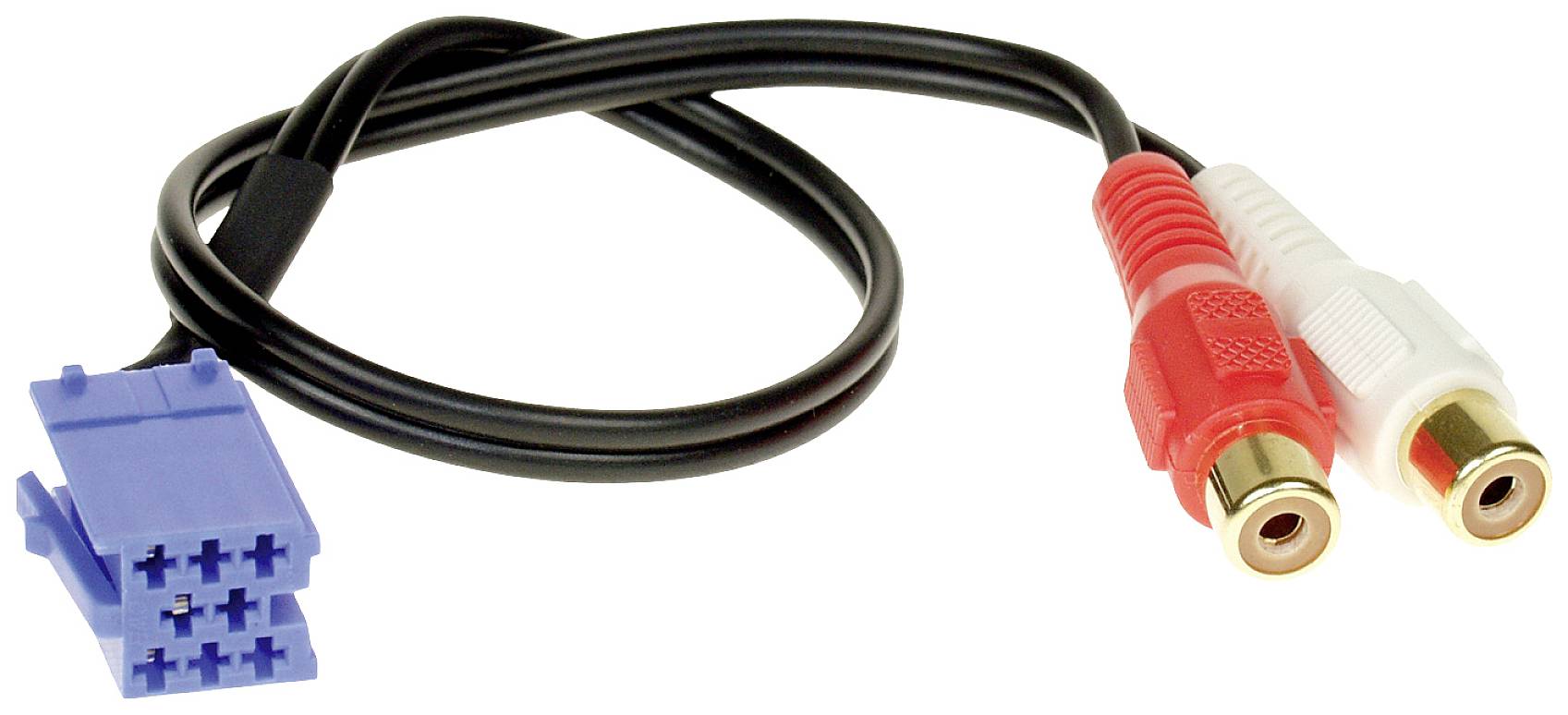 Cable adapter with a blue plug and two RCA sockets, one red and one white, for audio devices.