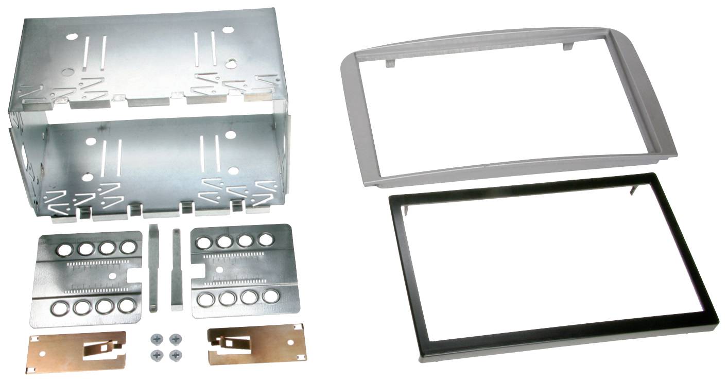Metal double DIN car radio mounting frame kit with screws and trim panels, for installation in vehicle dashboards.