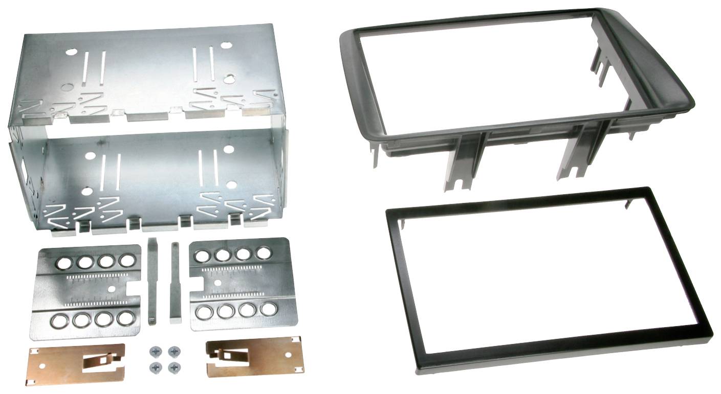 Car radio installation kit consisting of a silver metal frame, screws, mounting accessories and a black plastic frame for radio installation.