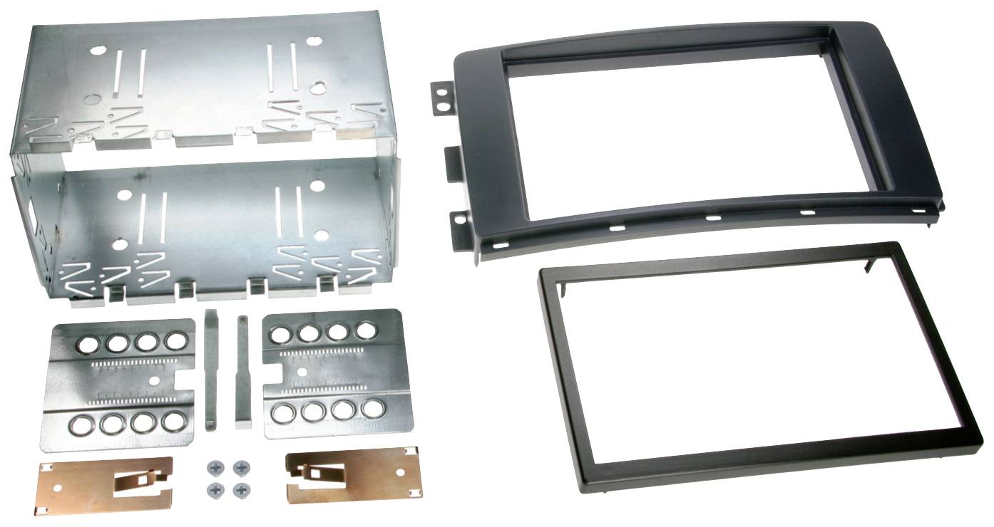 Installation kit for car dashboard with metal mounting brackets, plastic framing and screws, for securing electronic devices.