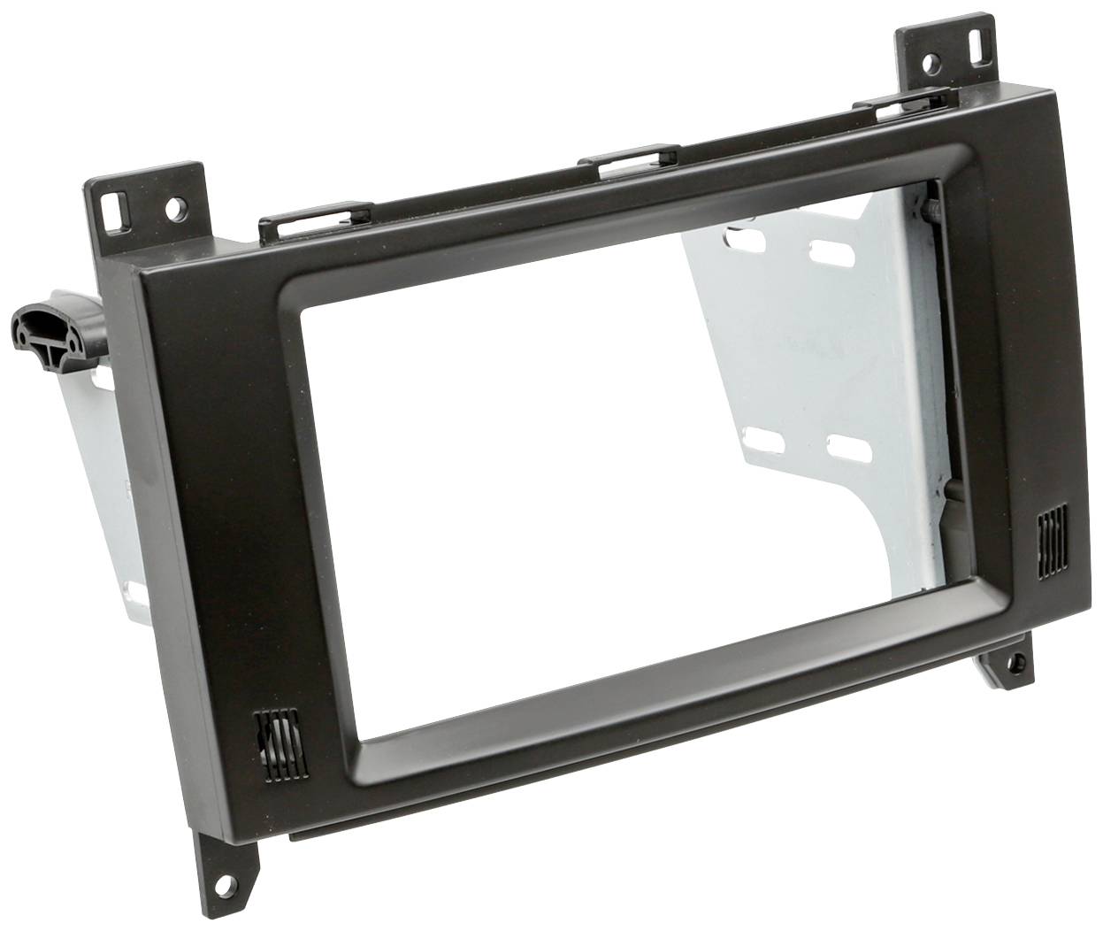 Black radio fascia for car radio installation, rectangular in shape with multiple mounting holes and metal frame.