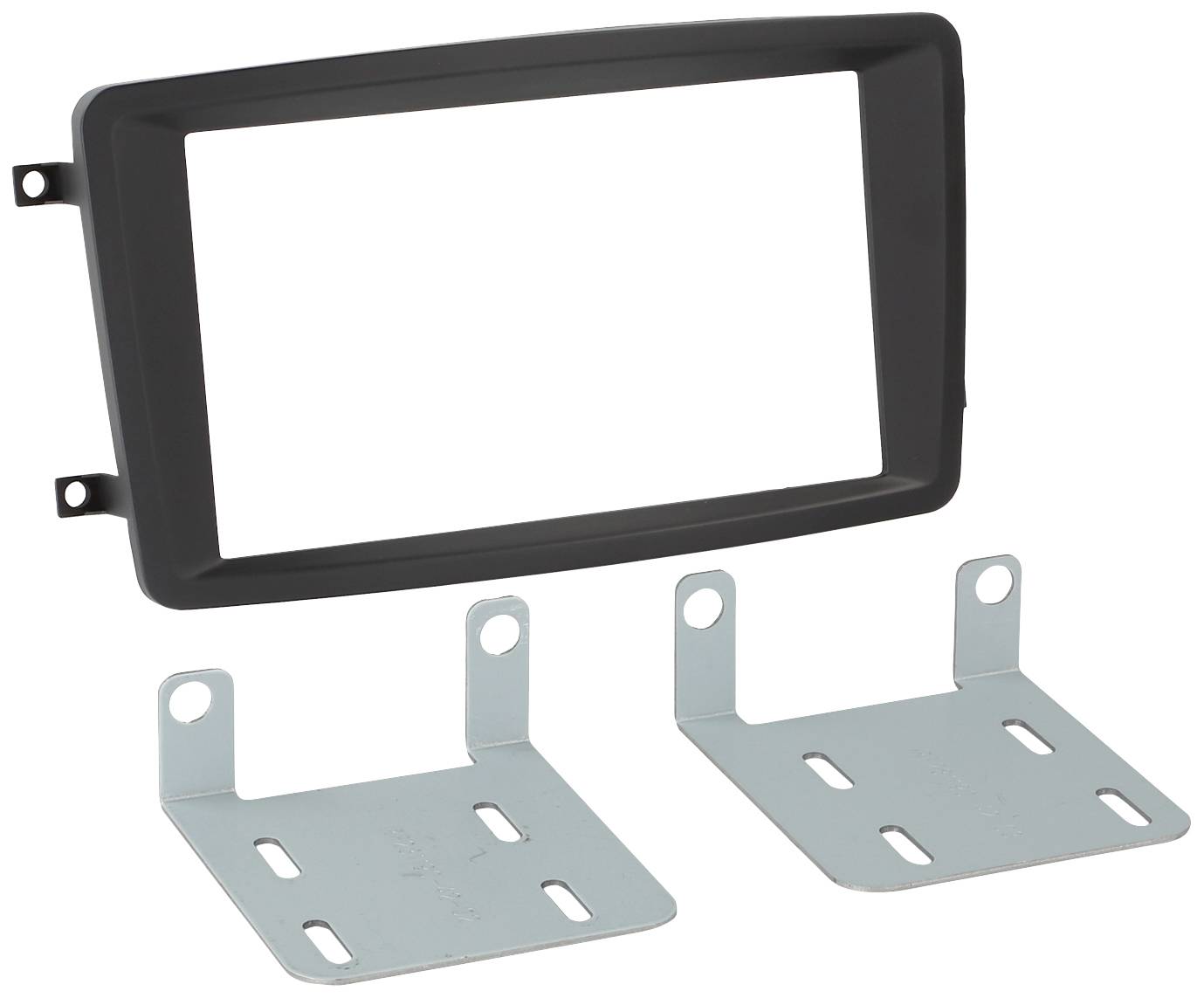A rectangular black plastic trim panel and two metal mounting brackets, likely for installing an electronic device in a car.