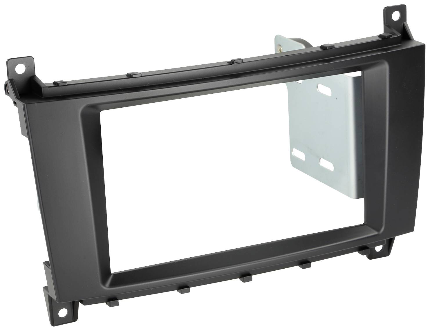 A rectangular, black plastic frame with metal mounting, likely a component for vehicle assembly or electronic installation.