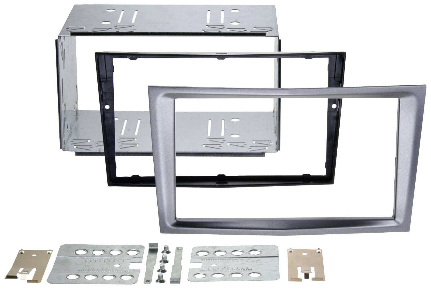 Car radio installation kit with metal frame, plastic fascia panel and mounting accessories. Suitable for 2-DIN devices, compatible with specific vehicle models.