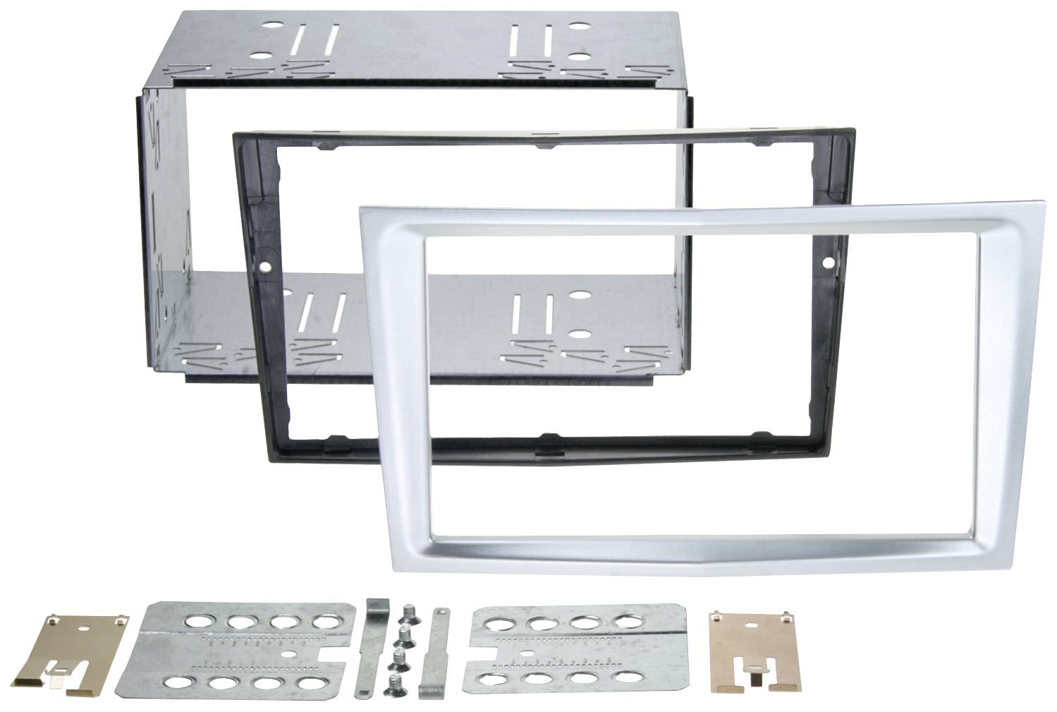 Car radio installation kit, comprising a metal frame, a plastic frame, and mounting elements.