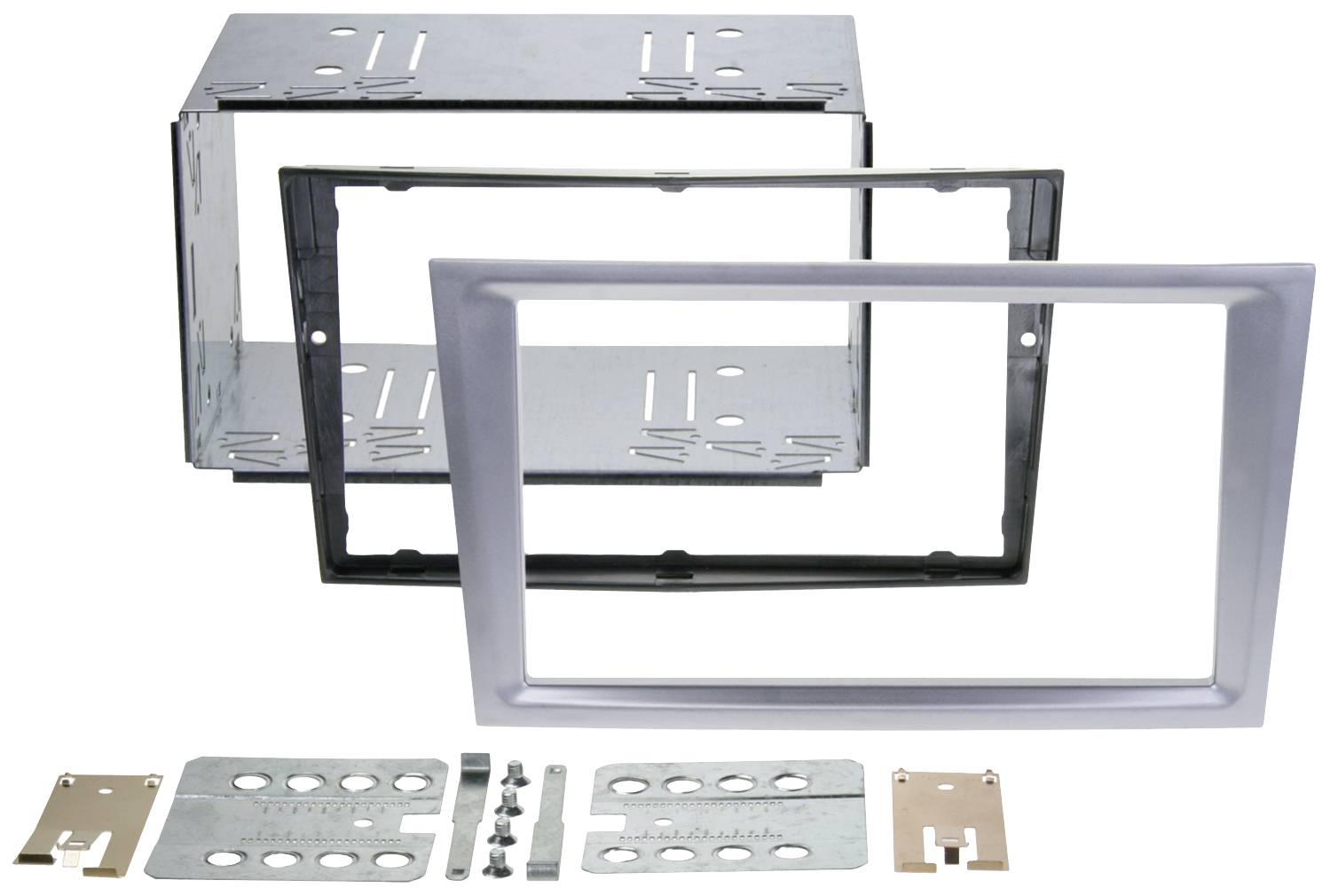 Metal frame kit for wall mounting with mounting elements, comprising a main housing and a frame cover.