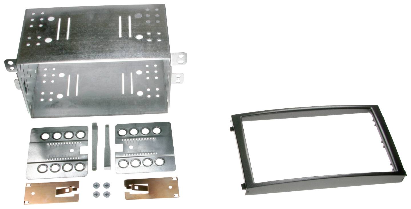 Metal enclosures and accessory parts for installing electronic devices, including mounting plates and a plastic fascia.