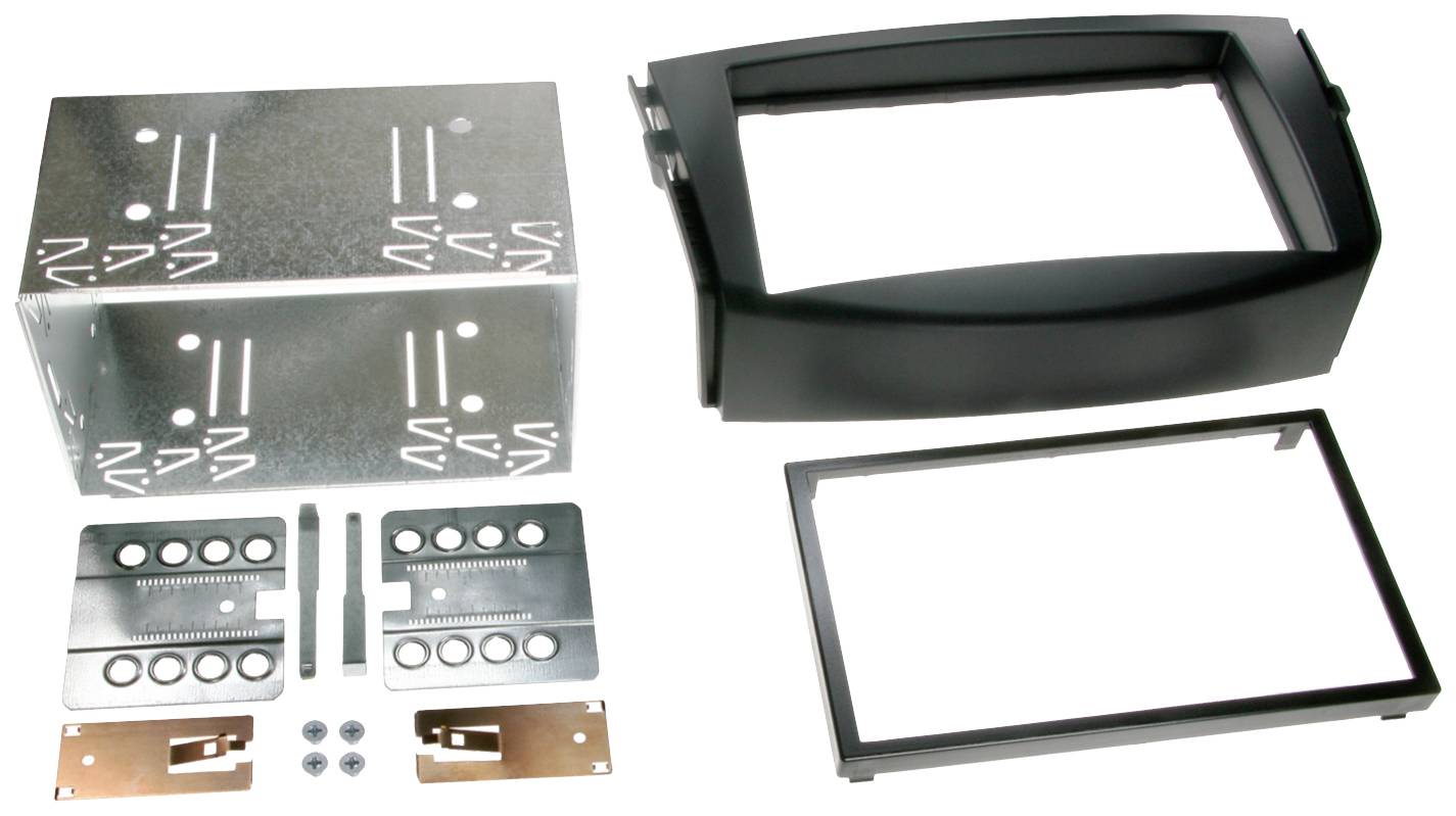 Complete mounting set with metal housing, black plastic frame, and mounting hardware for installing electronic devices.