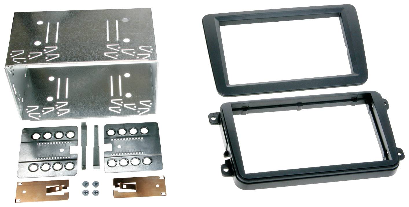 Installation frame kit with various metal and plastic components, positioned for assembly. Includes screws and covers.