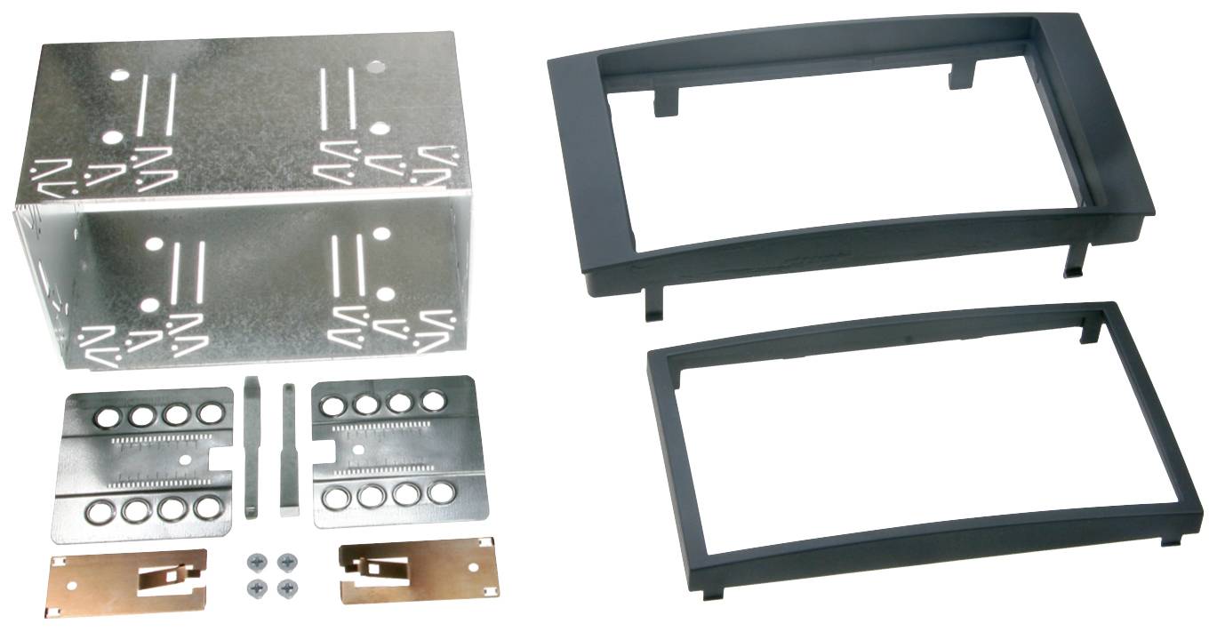Metal box and plastic frame for electrical installation. Contains screws, brackets and small mounting plates.