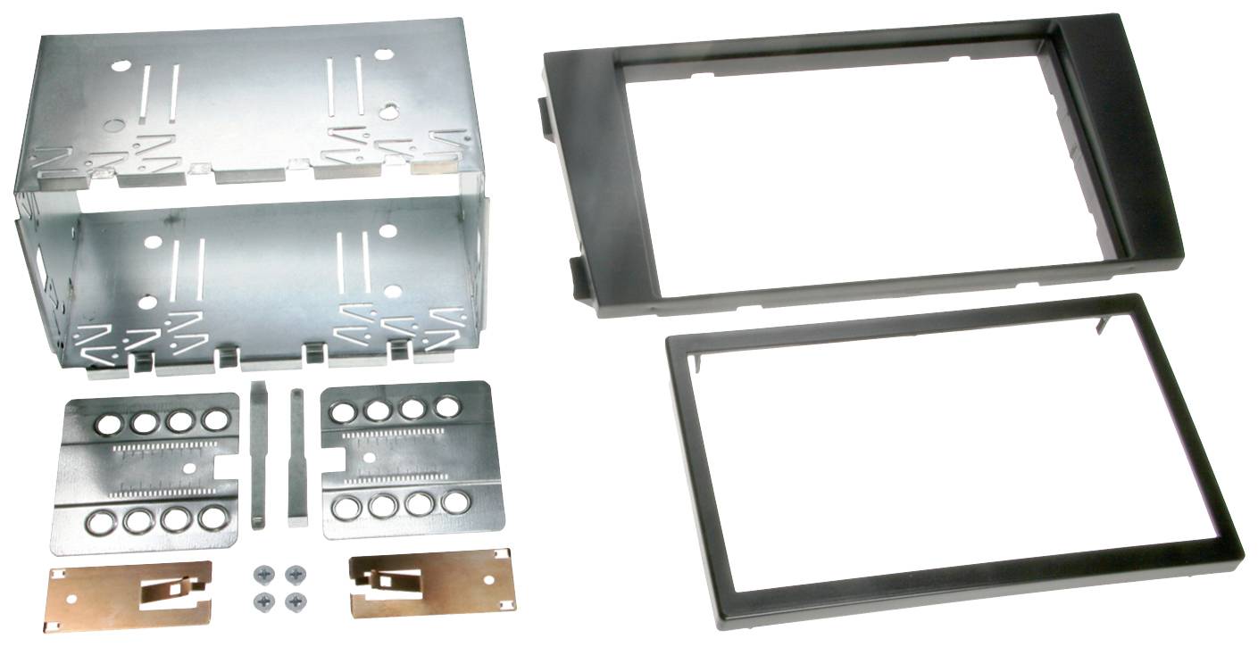 A mounting kit for double DIN car radios, comprising a metal frame, plastic frame, screws, and mounting plates.