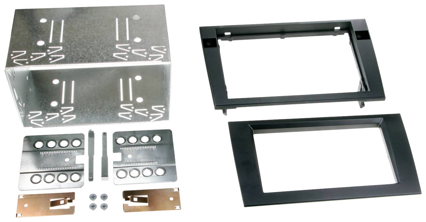 A mounting kit with a metal box, two plastic frames, screws and mounting accessories for installing electrical components.