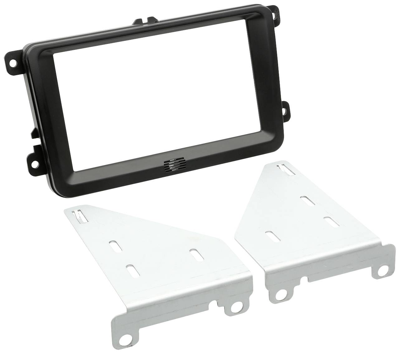 Plastic frame for vehicle double-DIN radio with two silver metal mounting brackets. Suitable for car radio installation.