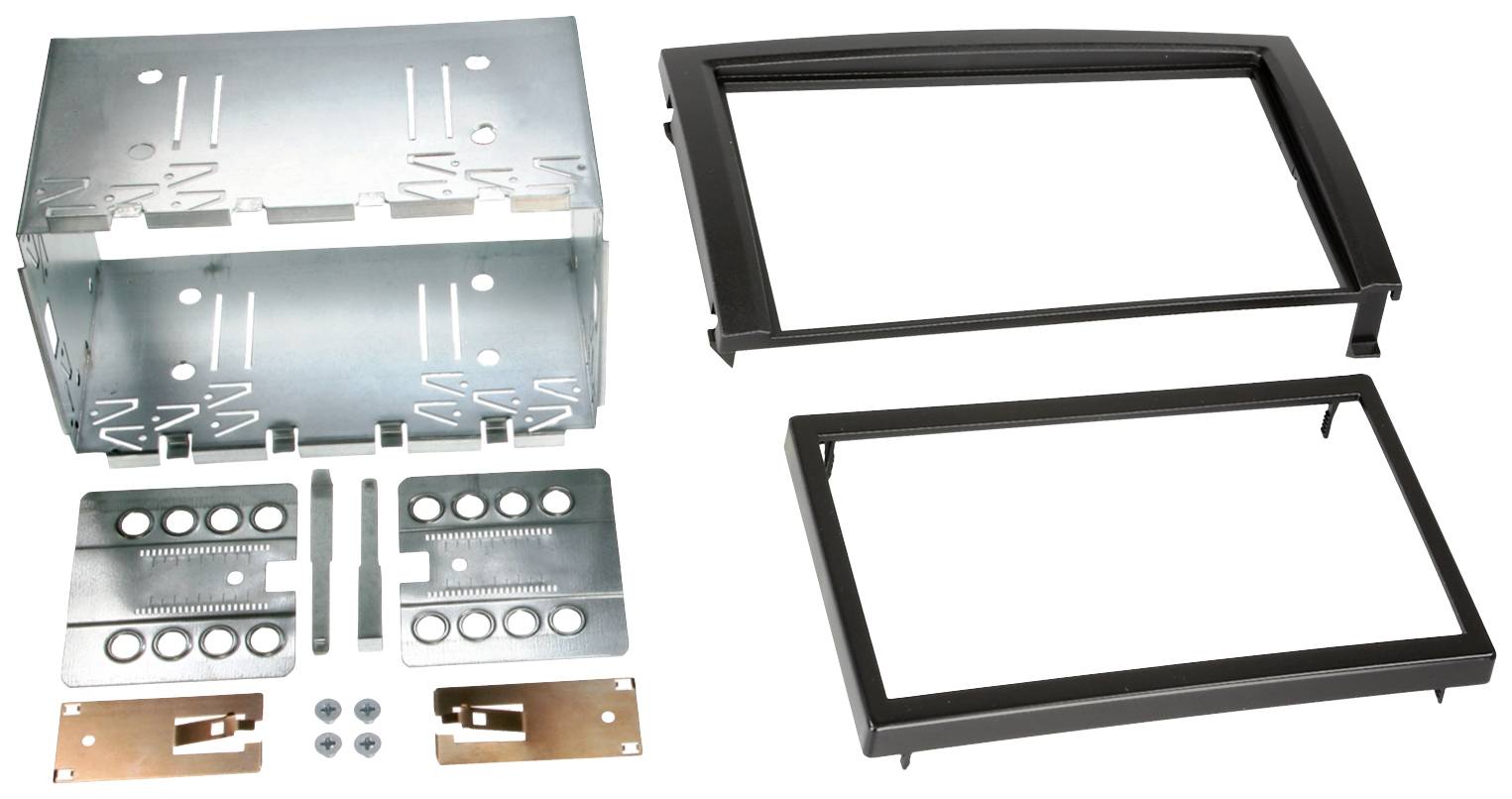 Metal radio installation kit for car radios with mounting hardware and two rectangular plastic frames, for installation in vehicle dashboards.