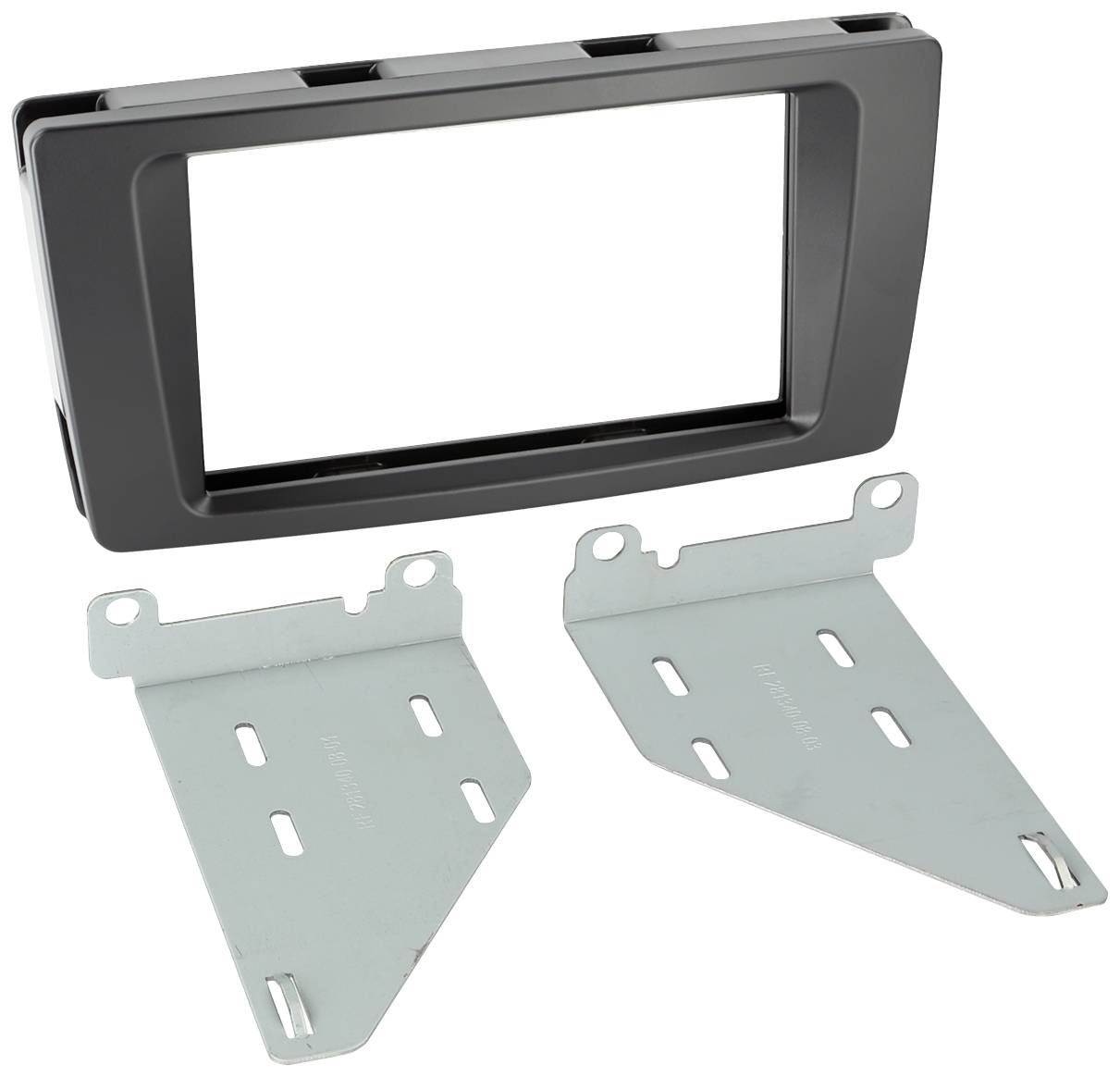 A rectangular plastic double DIN car radio mounting frame with two silver metal brackets, used for installation.