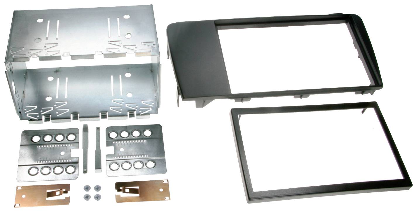 Metal and plastic components of a car radio installation kit, including frame, brackets and screws, displayed in a spread-out arrangement.