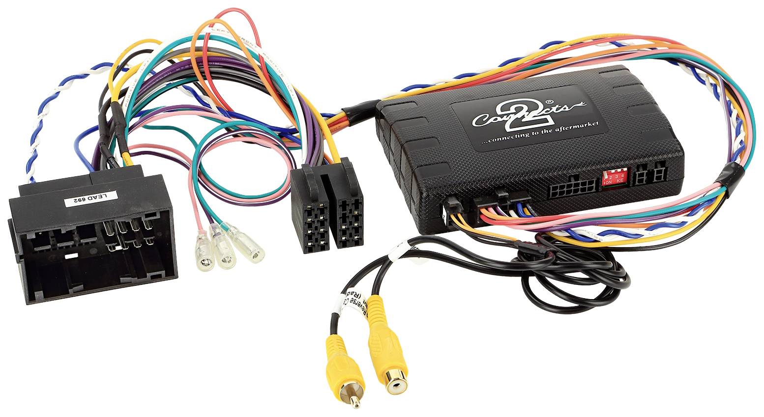 A multicoloured adapter cable set with several cables and connectors, likely used for connecting car radios or multimedia devices.