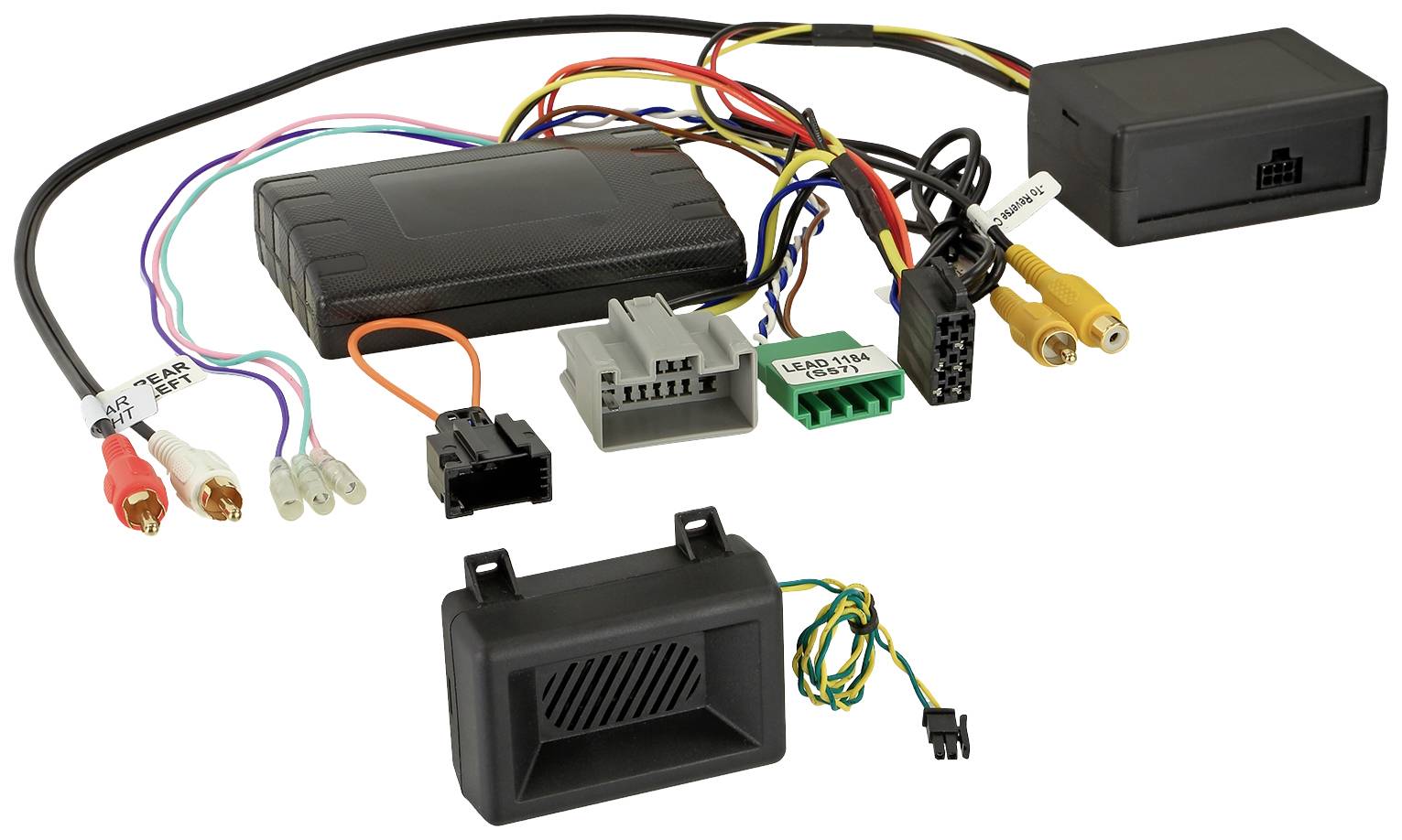 Auto adapter connectors and wiring harness on a white background. Main components: plastic housing, colourful cables, and connection plugs. Purpose: connecting automotive electronics.