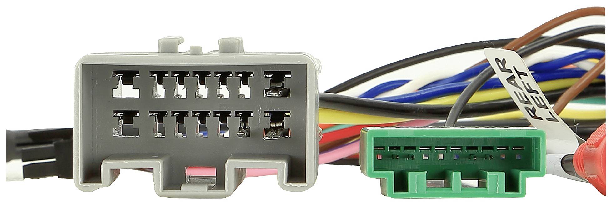 Two electronic connectors with various cables emerging from them. The grey connector is larger than the green one.