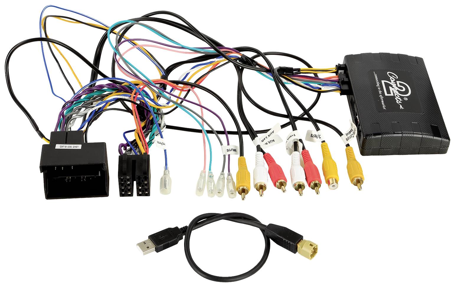 A wiring loom with various connectors and adapters, along with a USB cable. Used for connecting audio/video devices.