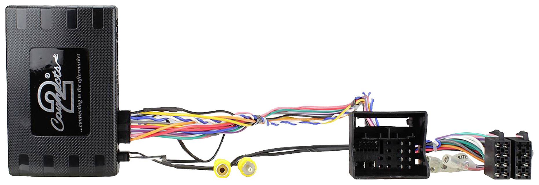 Black automotive interface device with multi-coloured cables and connectors on the right. Primary usage unclear.