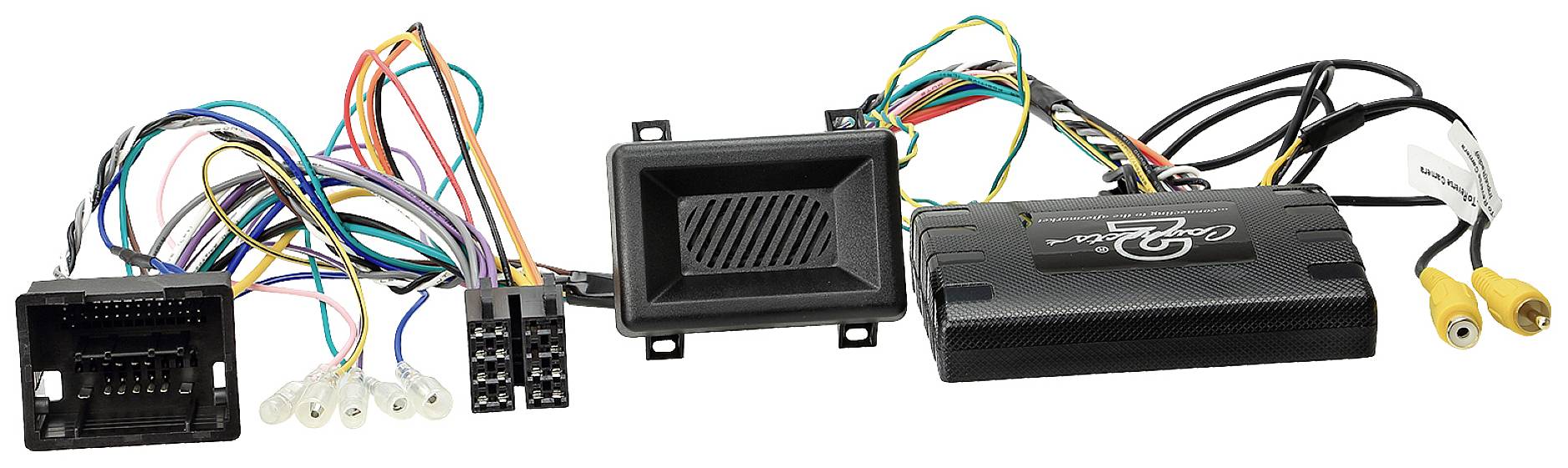 A wiring loom with various coloured wires, a speaker, and an electronic module, potentially for a car audio system.