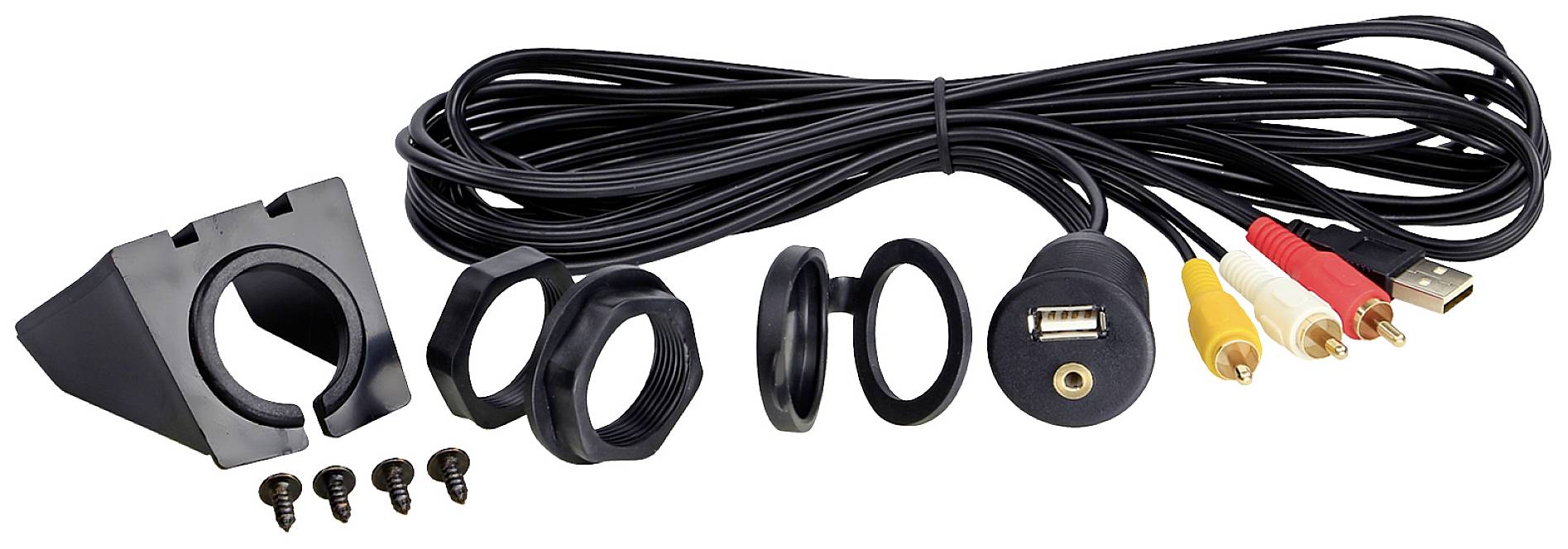 Car accessory set with mounting frame, cables, USB and AV sockets, screws. Suitable for integration into vehicle systems.