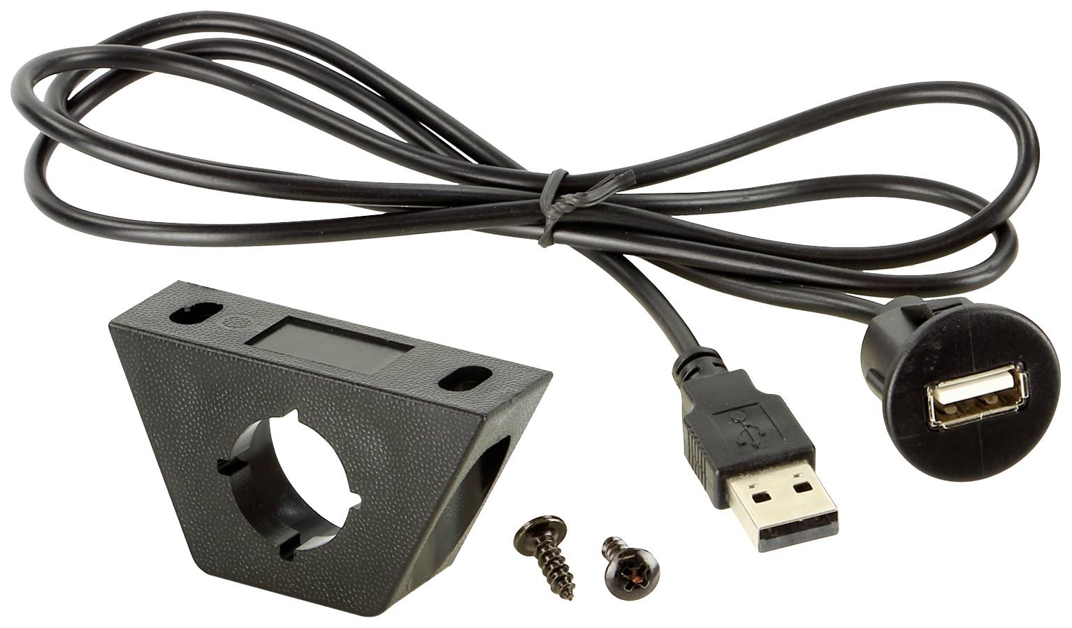 A black USB cable with connectors and two screws, next to a black plastic mounting bracket with screw openings.