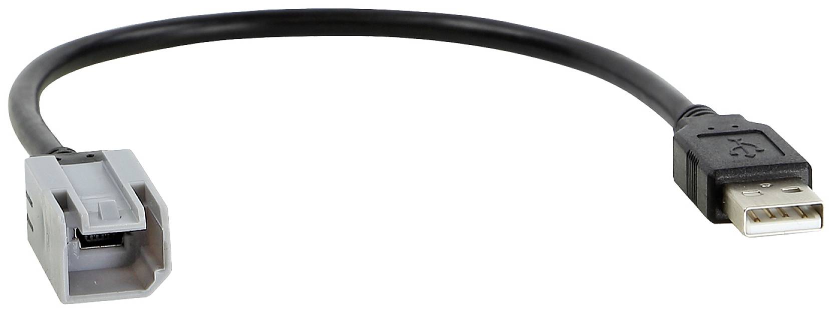 A USB cable with a grey plug on the left side and a black USB plug on the right side, isolated against a white background.