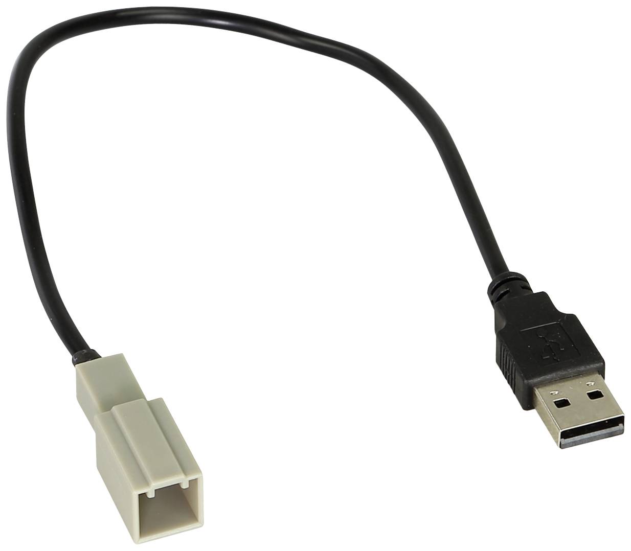 Black USB cable with a rectangular white connector on the left and a USB plug on the right side.