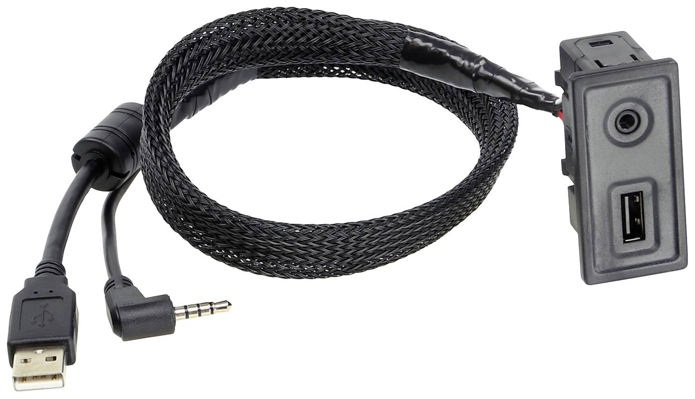 A USB cable with a USB plug and a 3.5 mm jack connector, fitted with a black, braided cable sleeve.
