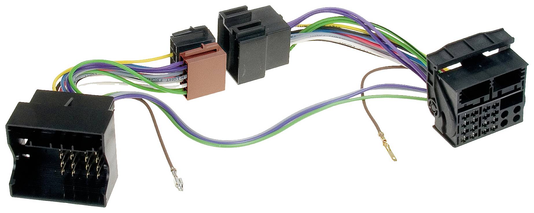 Electrical connector with coloured cables for connecting car radios. Various plug types and sizes are visible.