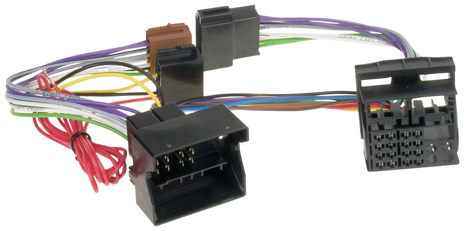 A wiring loom with multiple coloured wires and two electrical connectors, used for connecting electrical devices.