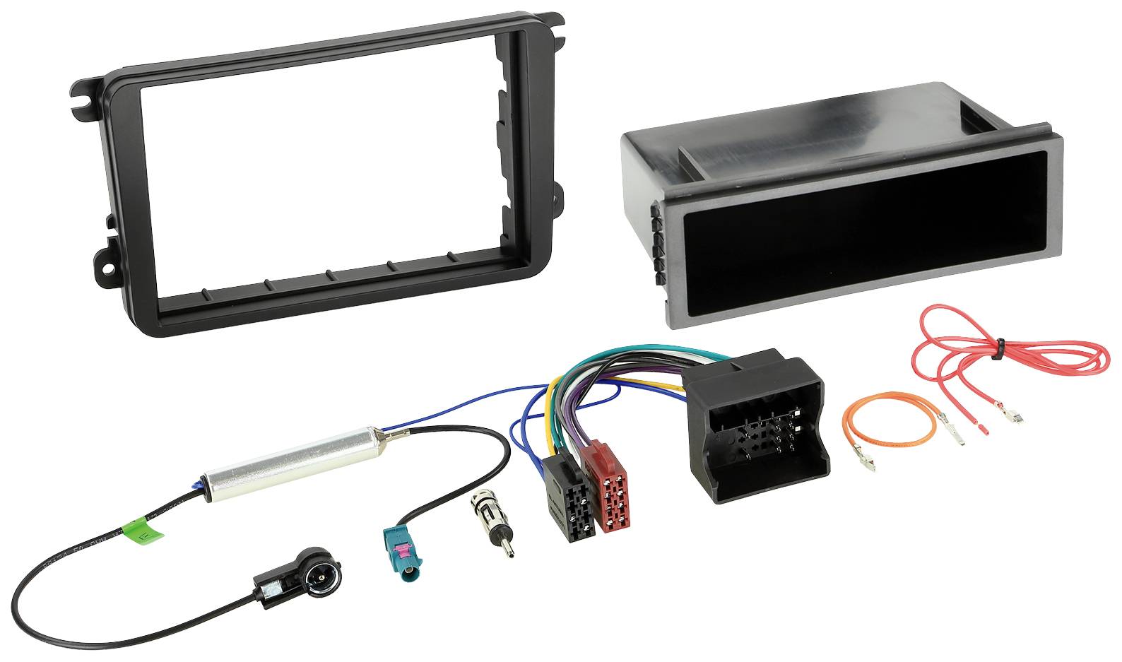 Car radio mounting kit: Frame, adaptor cables, connectors and small parts for connecting and installing a new radio in a vehicle.