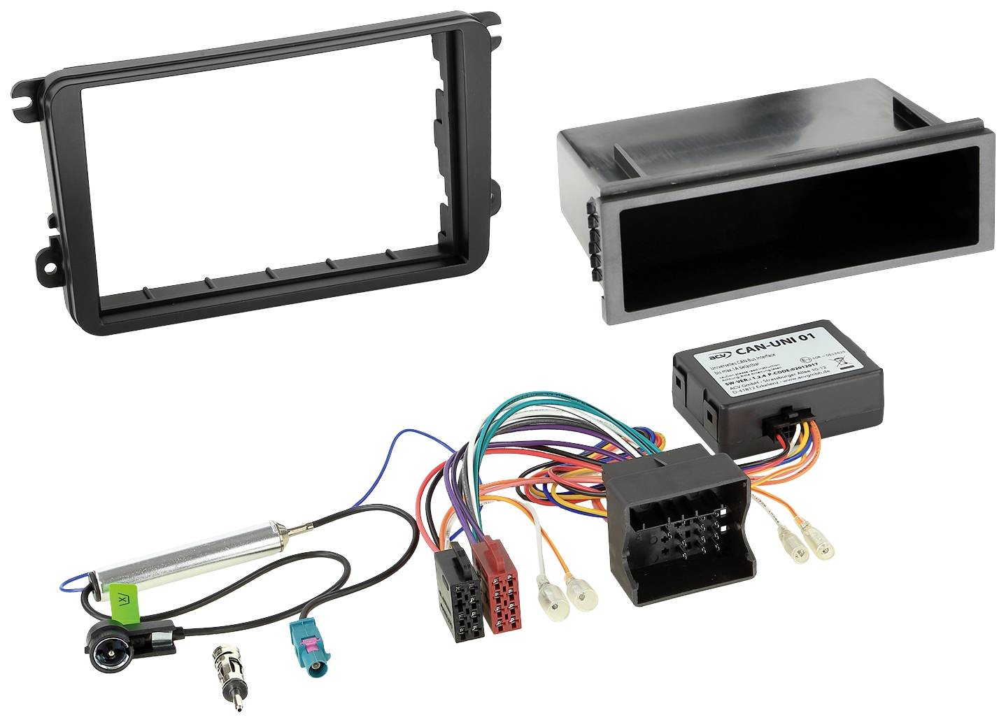 The illustration shows an installation frame set for car radios, consisting of a frame, cables, and connectors, suitable for retrofitting.